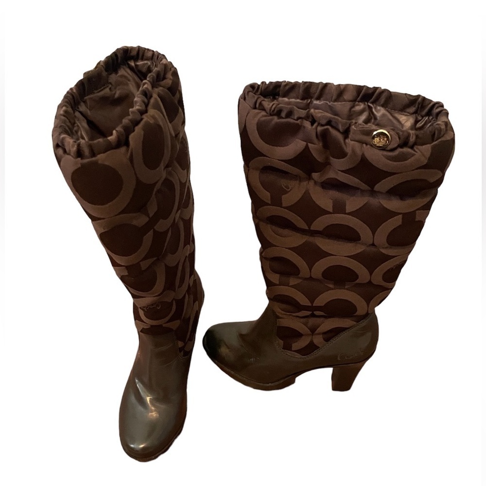 Coach Loryn womens brown quilted high heel rain boots tall puffer logo